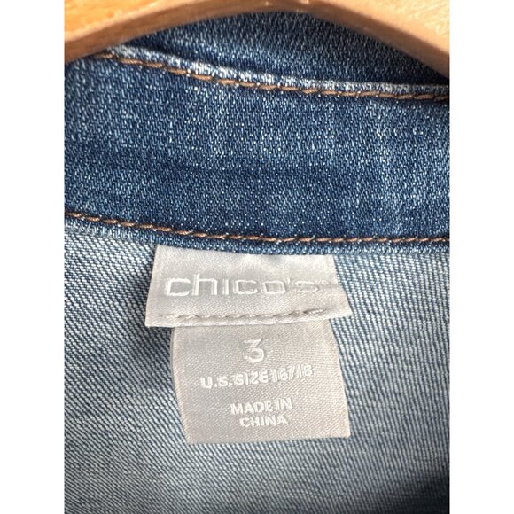 Chicos 3 Denim Jacket Floral Print Button Front Frayed Hem Size XL Womens - Picture 3 of 5